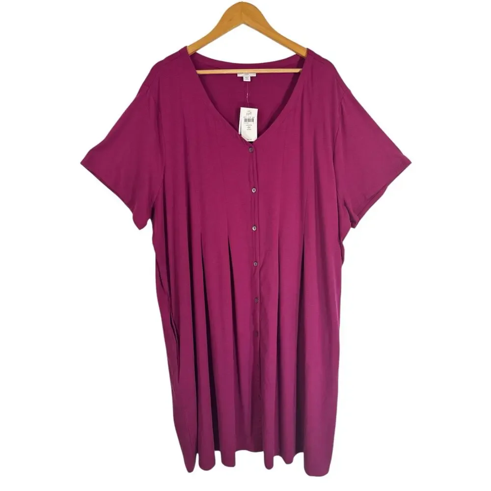 J.Jill Sangria Button Front Swing Dress 4X NWT V-Neck Knit Pockets - Picture 1 of 8